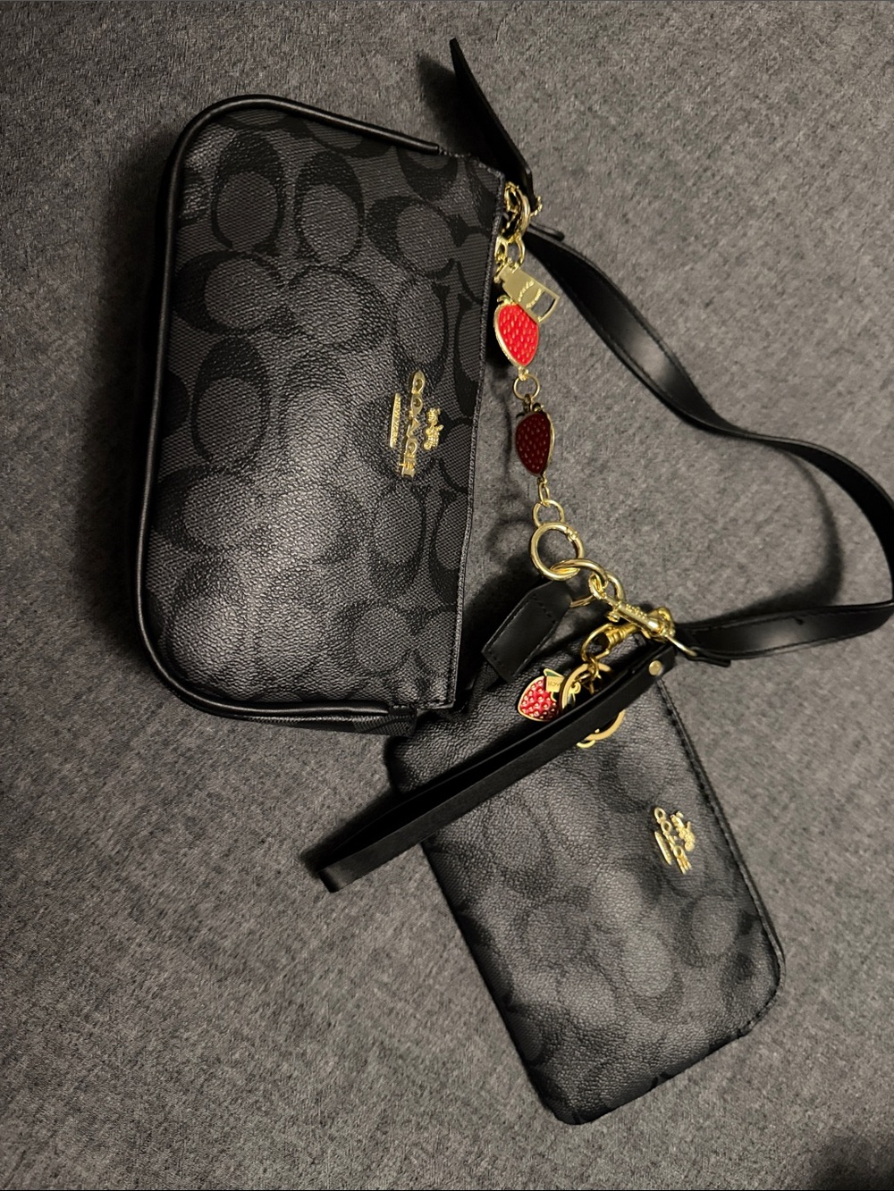 Coach Black Signature Double Crossbody with Strawberry Charm